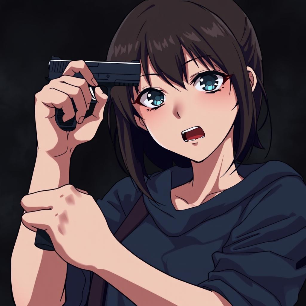 An anime-style young woman holding a gun and pointing it at her head