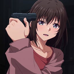 An anime-style young woman holding a gun and pointing it at her head