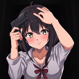 An anime-style young woman holding a gun and pointing it at her head