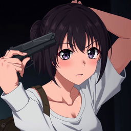 An anime-style young woman holding a gun and pointing it at her head