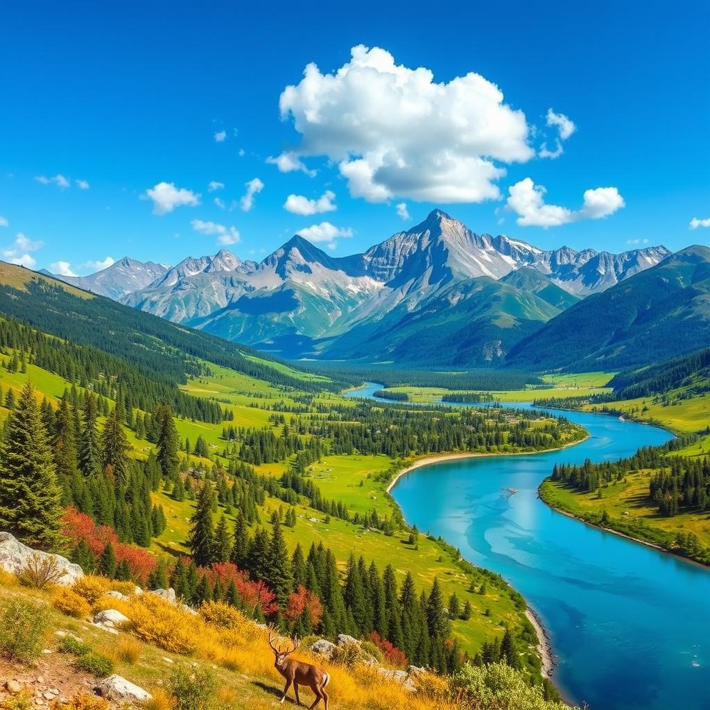 Generate an image of a beautiful landscape with mountains, rivers, and a clear blue sky