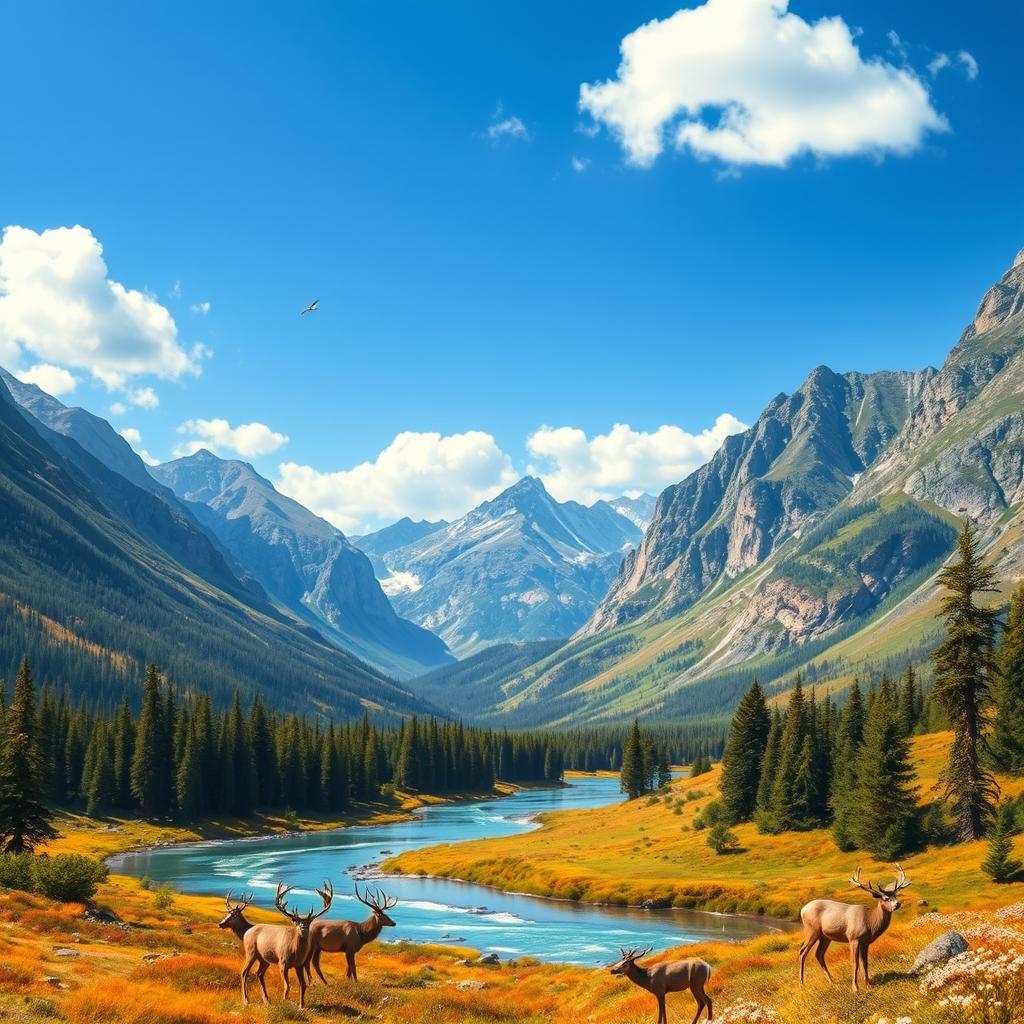 Generate an image of a beautiful landscape with mountains, rivers, and a clear blue sky