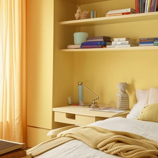 A soft light yellow room, complete with a cozy bed, functional study table, bookshelf filled with books, and a spacious cupboard.