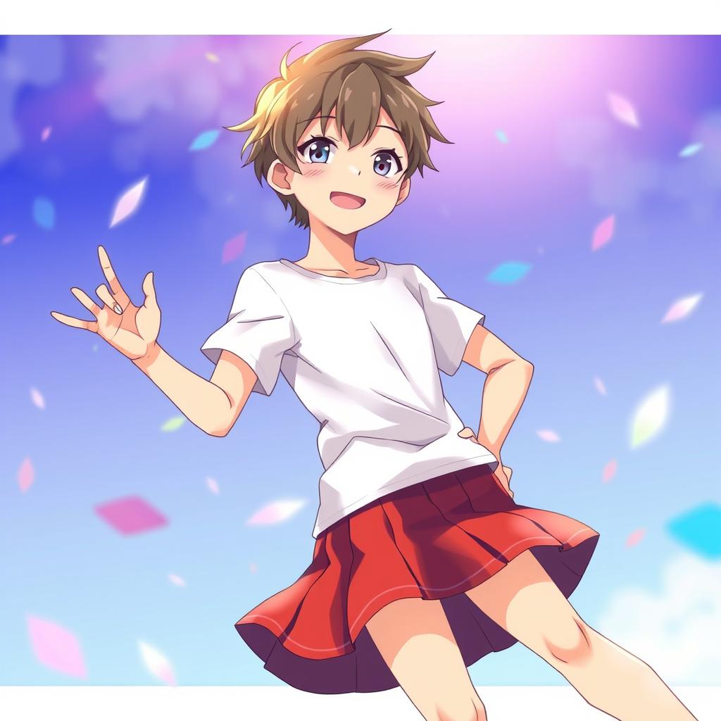 An anime-style young man wearing a skirt