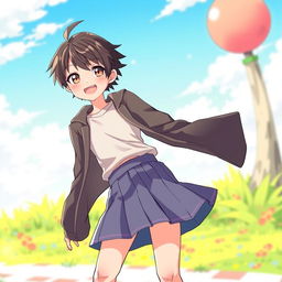 An anime-style young man wearing a skirt