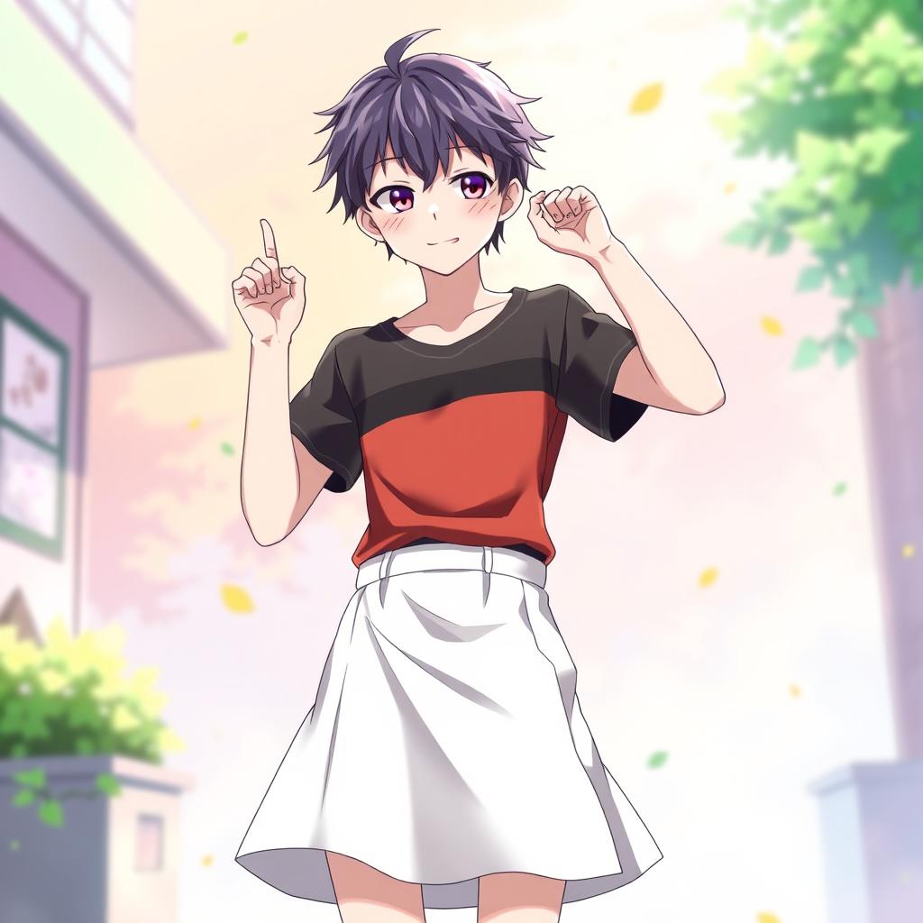 An anime-style young man wearing a skirt