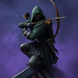 A rogue assassin, wearing a black ninja face mask and a green hooded cloak, is crouched on a medieval rooftop at night