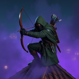 A rogue assassin, wearing a black ninja face mask and a green hooded cloak, is crouched on a medieval rooftop at night