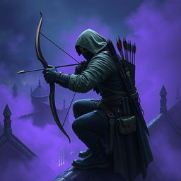 A rogue assassin, wearing a black ninja face mask and a green hooded cloak, is crouched on a medieval rooftop at night