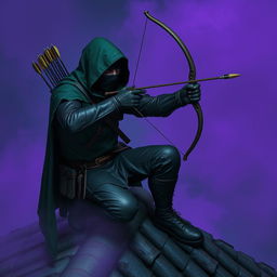 A rogue assassin, wearing a black ninja face mask and a green hooded cloak, is crouched on a medieval rooftop at night