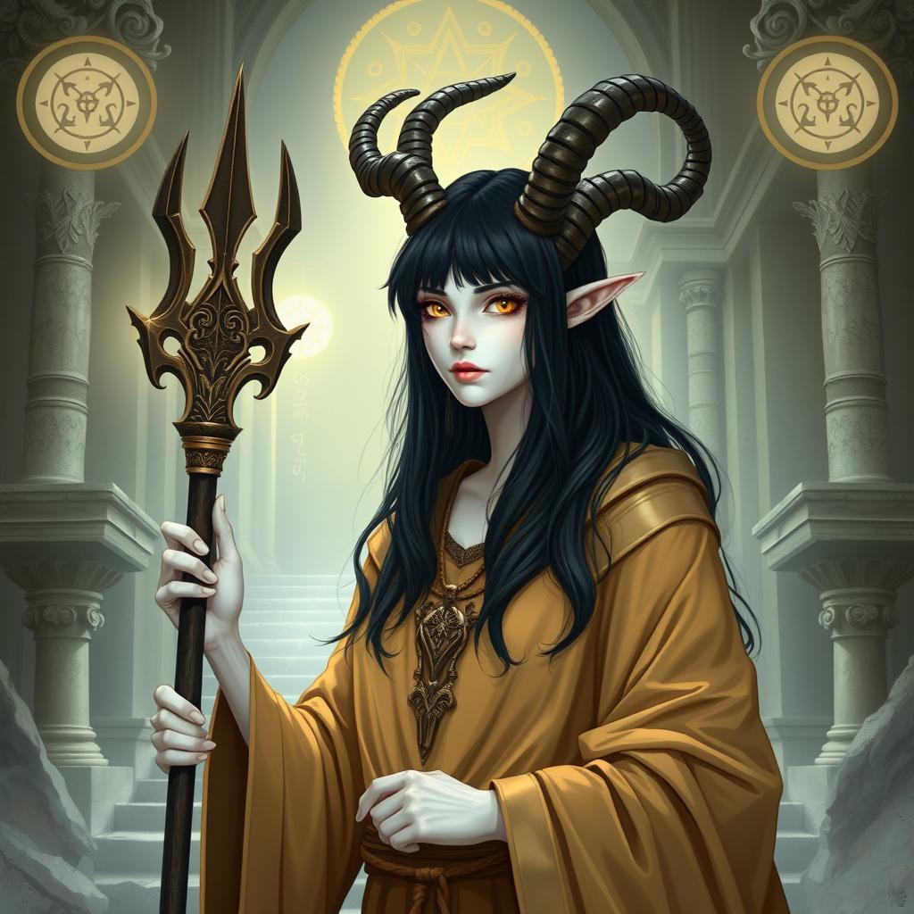 A female satyr priest with black hair, yellow eyes, and white skin