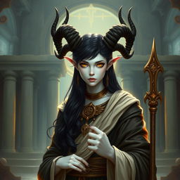 A female satyr priest with black hair, yellow eyes, and white skin