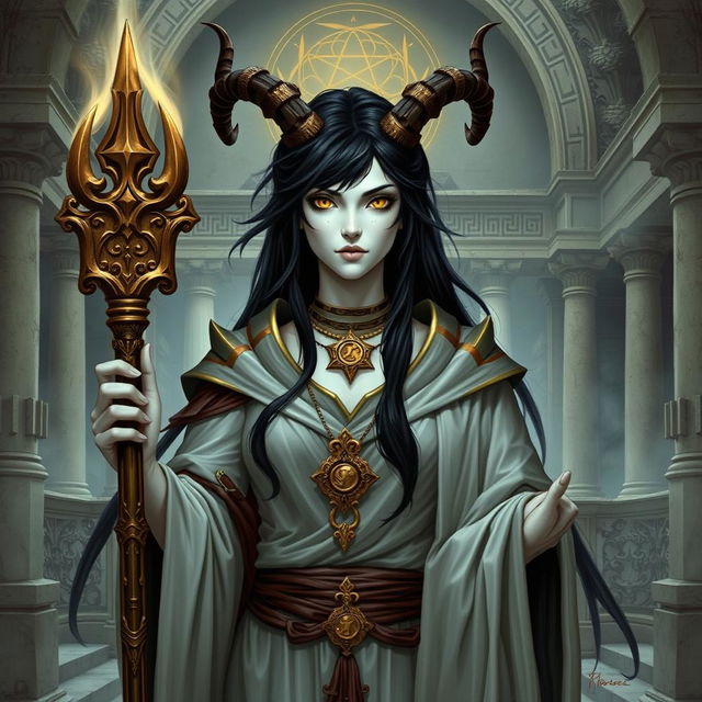 A female satyr priest with black hair, yellow eyes, and white skin