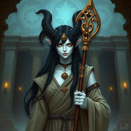 A female satyr priest with black hair, yellow eyes, and white skin