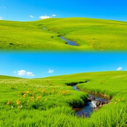 A serene landscape featuring a clear blue sky, a lush green meadow with colorful flowers, and a gentle stream flowing through it