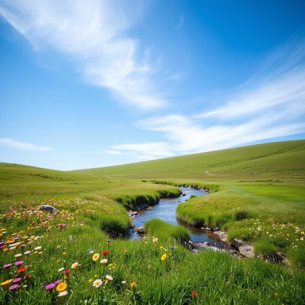 A serene landscape featuring a clear blue sky, a lush green meadow with colorful flowers, and a gentle stream flowing through it