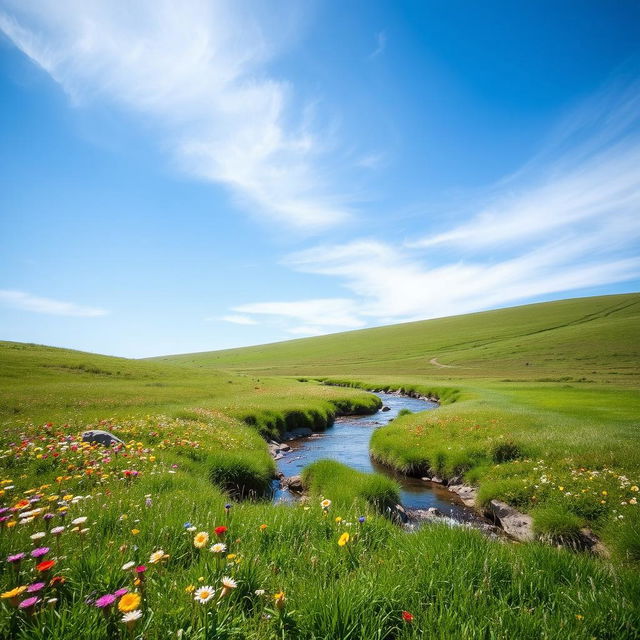 A serene landscape featuring a clear blue sky, a lush green meadow with colorful flowers, and a gentle stream flowing through it