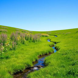 A serene landscape featuring a clear blue sky, a lush green meadow with colorful flowers, and a gentle stream flowing through it