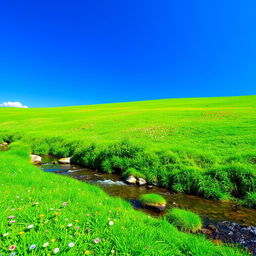 A serene landscape featuring a clear blue sky, a lush green meadow with colorful flowers, and a gentle stream flowing through it