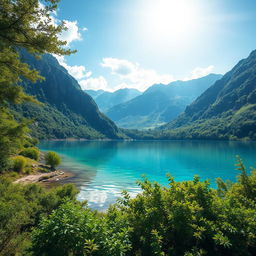 Generate an image of a serene landscape featuring a clear blue lake surrounded by lush green mountains and a bright, sunny sky