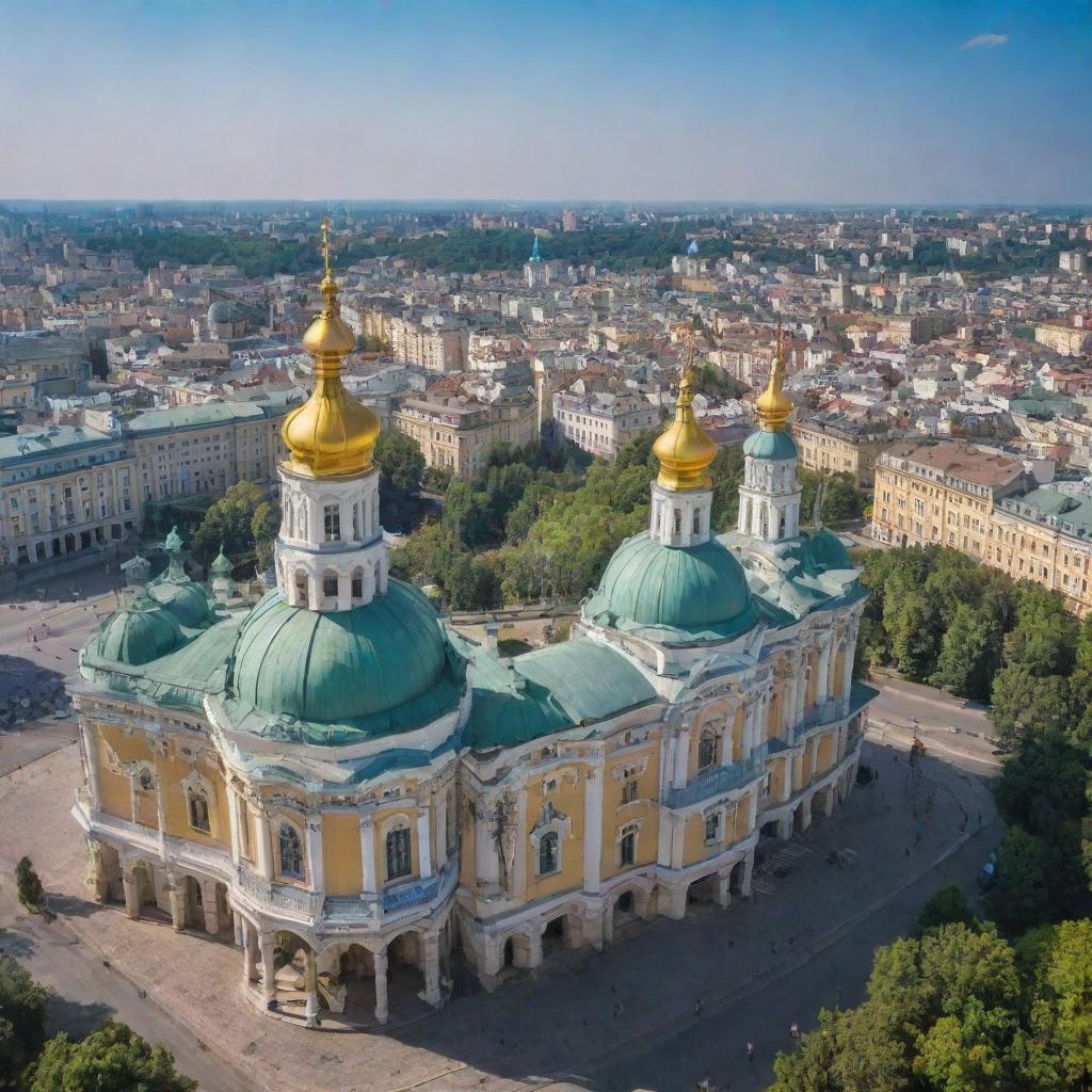 A sunny day in Ukraine showcasing beautiful landscapes, traditional architecture, and vibrant city life.