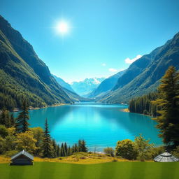 Generate an image of a serene landscape featuring a clear blue lake surrounded by lush green mountains and a bright, sunny sky