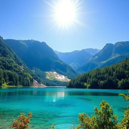 Generate an image of a serene landscape featuring a clear blue lake surrounded by lush green mountains and a bright, sunny sky