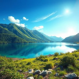 Generate an image of a serene landscape featuring a clear blue lake surrounded by lush green mountains and a bright, sunny sky