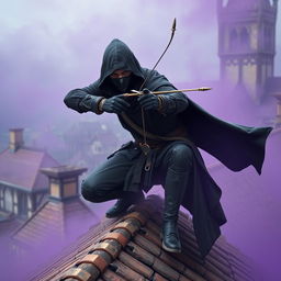 An assassin man wearing a black hooded cloak and a black ninja face mask is crouching on a medieval roof in a town