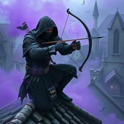 An assassin man wearing a black hooded cloak and a black ninja face mask is crouching on a medieval roof in a town