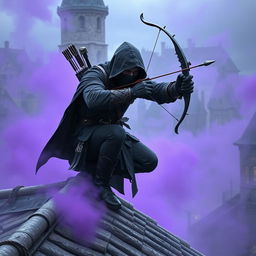 An assassin man wearing a black hooded cloak and a black ninja face mask is crouching on a medieval roof in a town