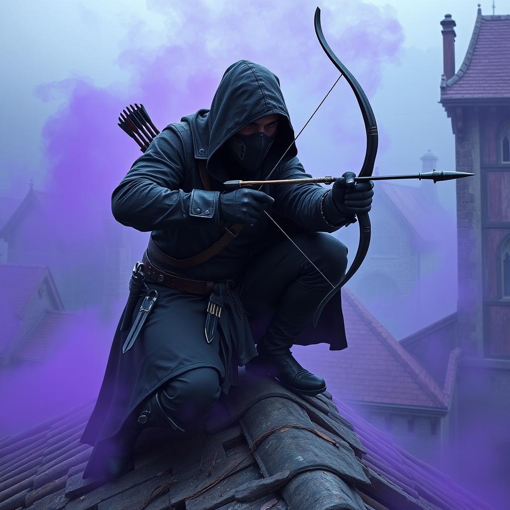 An assassin man wearing a black hooded cloak and a black ninja face mask is crouching on a medieval roof in a town