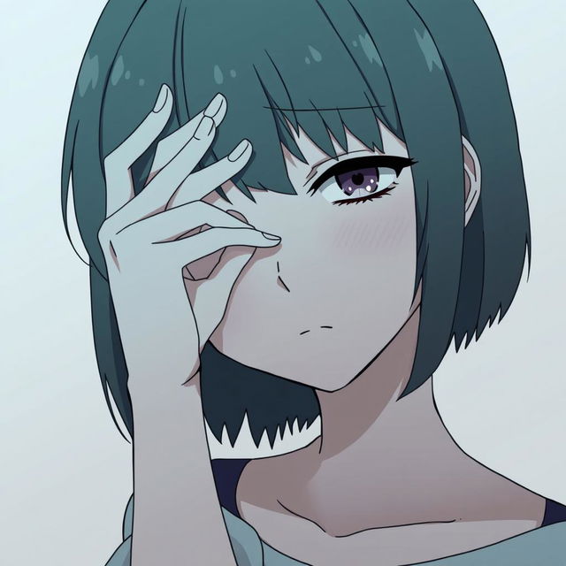 A sad girl in anime style, closing one eye with her hand