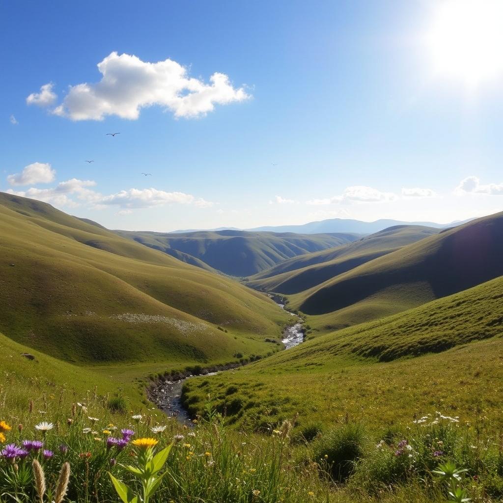 A beautiful landscape with rolling hills, a clear blue sky, and a bright sun shining down