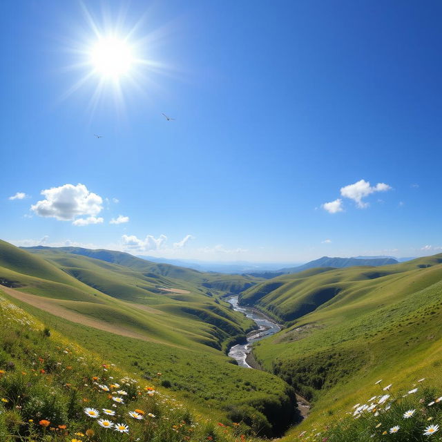 A beautiful landscape with rolling hills, a clear blue sky, and a bright sun shining down