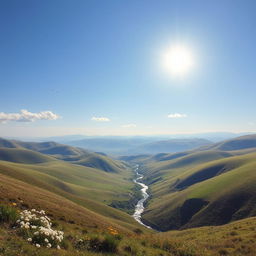 A beautiful landscape with rolling hills, a clear blue sky, and a bright sun shining down