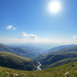 A beautiful landscape with rolling hills, a clear blue sky, and a bright sun shining down