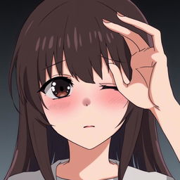 A sad girl in anime style, closing one eye with her hand