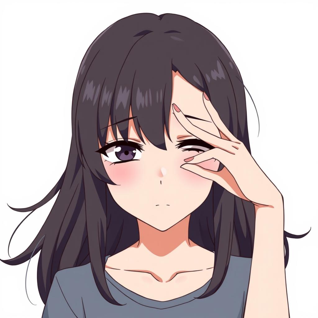 A sad girl in anime style, closing one eye with her hand