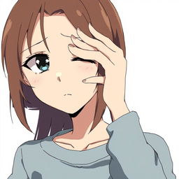 A sad girl in anime style, closing one eye with her hand