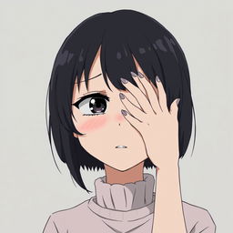 A sad girl in anime style, closing one eye with her hand