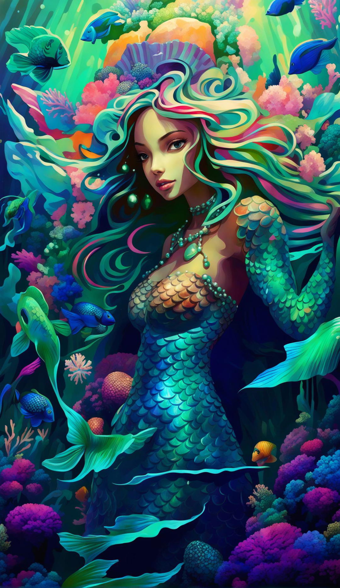 A full-bodied mermaid with bronze skin and dark hair, adorned with seashells and pearls. Her tail is a blend of turquoise and azure scales, shimmering under refracted light. She is surrounded by the vibrant life of a coral reef.