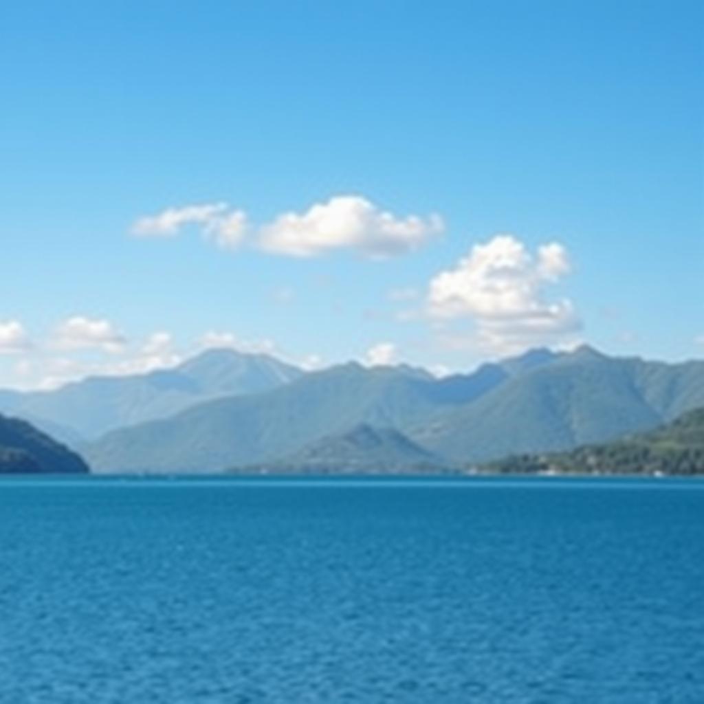 Create an image of a serene landscape with mountains in the background, a calm lake in the foreground, and a clear blue sky with a few fluffy clouds