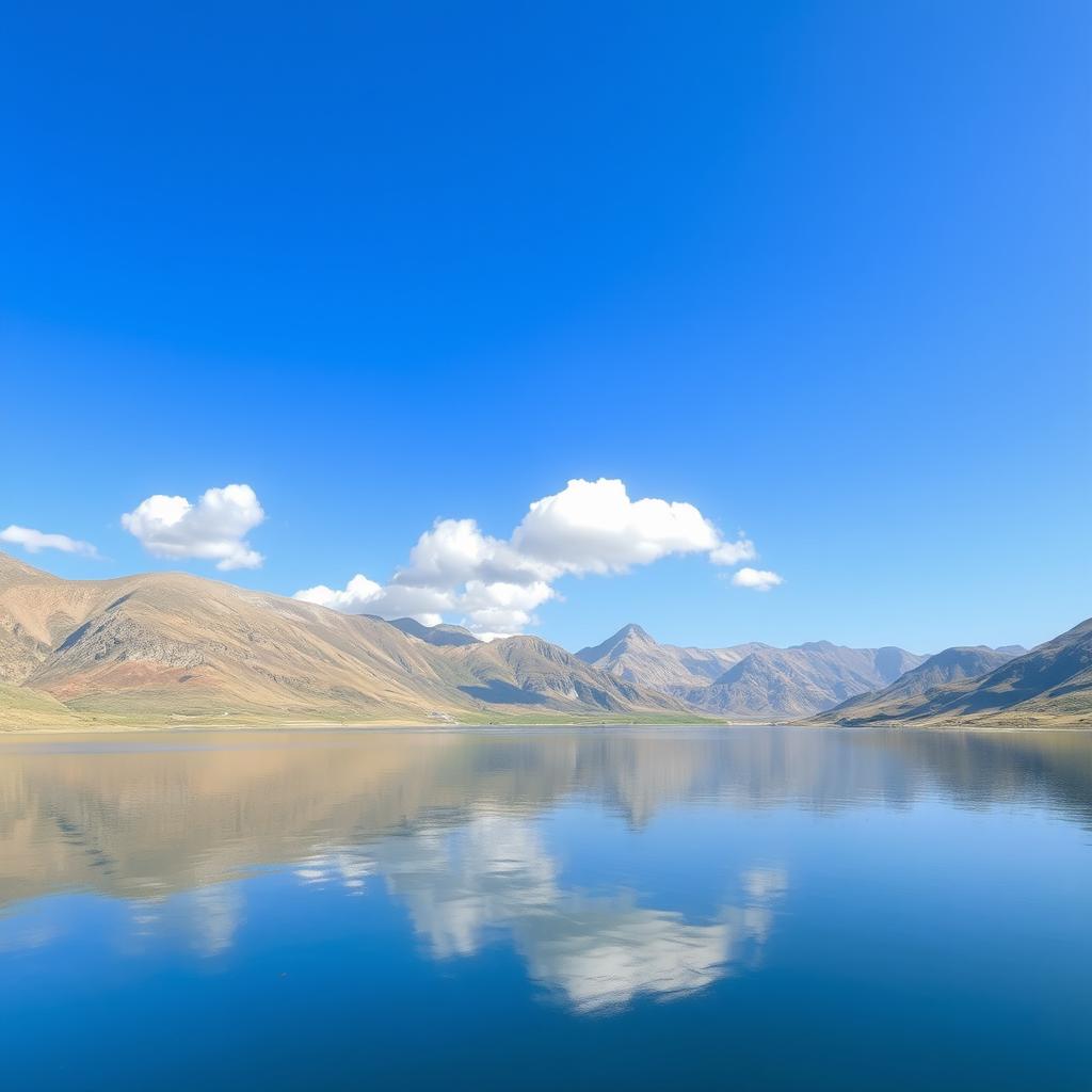 Create an image of a serene landscape with mountains in the background, a calm lake in the foreground, and a clear blue sky with a few fluffy clouds