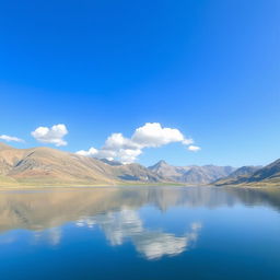 Create an image of a serene landscape with mountains in the background, a calm lake in the foreground, and a clear blue sky with a few fluffy clouds