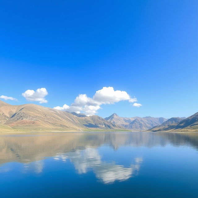 Create an image of a serene landscape with mountains in the background, a calm lake in the foreground, and a clear blue sky with a few fluffy clouds