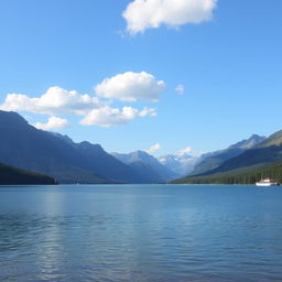 Create an image of a serene landscape with mountains in the background, a calm lake in the foreground, and a clear blue sky with a few fluffy clouds