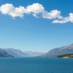 Create an image of a serene landscape with mountains in the background, a calm lake in the foreground, and a clear blue sky with a few fluffy clouds