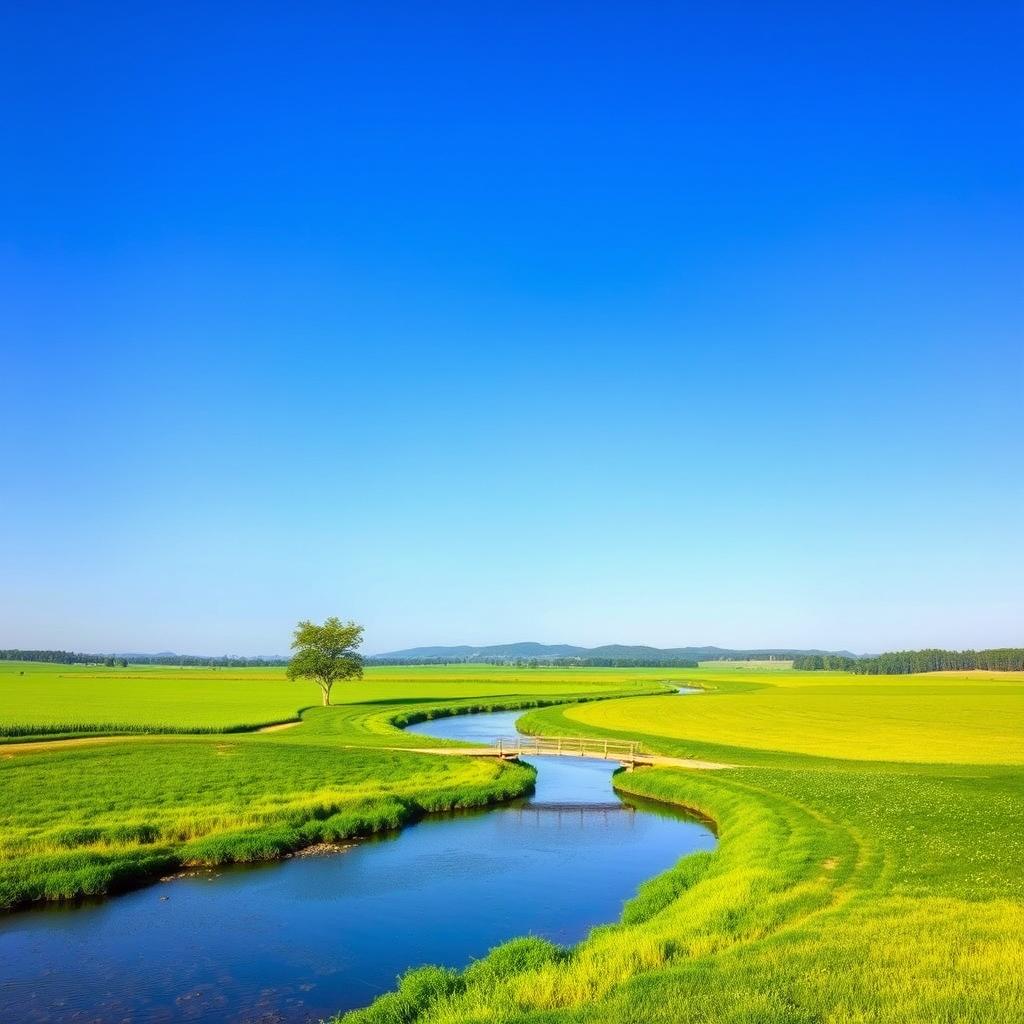 Create an image of a beautiful, serene landscape with a clear blue sky, lush green fields, and a calm river flowing through it