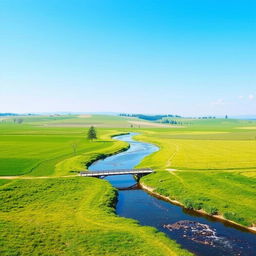 Create an image of a beautiful, serene landscape with a clear blue sky, lush green fields, and a calm river flowing through it